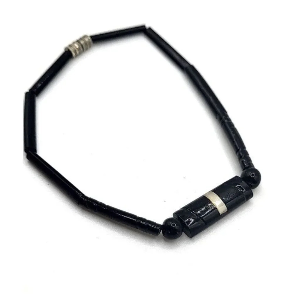 VIntage 70s Black Lacquer Wood Abalone Inlay Bracelet 7.5in